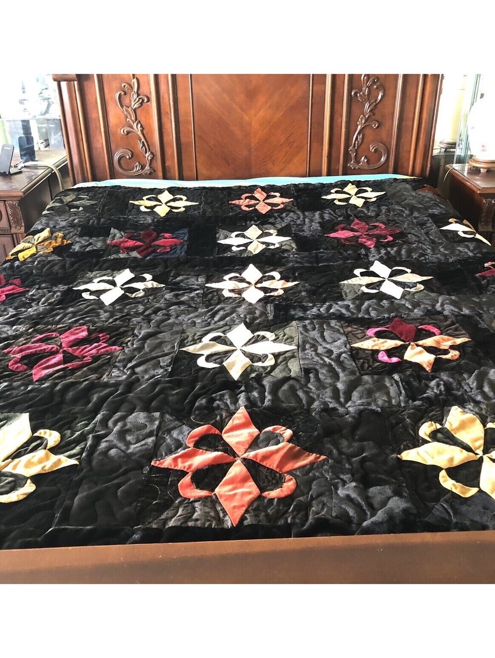 VTG Crazy Handmade Embroidered  Black Multicolor Velvet Quilt 77” x 83”